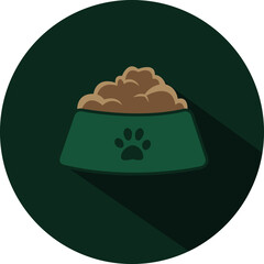 animal food icon.  Green dog bowl. Green cat bowl vector icon, food, flat design with long shadow. Bowl for animals 