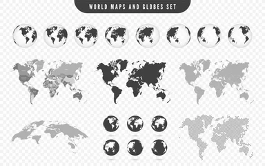 Foto op Plexiglas anti-reflex Wereldkaart en transparante bollen van de aarde. Set kaarten met landen en transparante globes. Wereldkaartsjabloon met continenten, Noord- en Zuid-Amerika, Europa en Azië, Afrika en Australië. Vector © Yevhenii