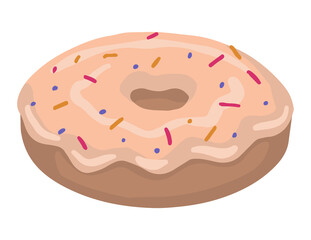 Donut with icing. Single doodle of sweet food, dessert. Hand drawn vector illustration in flat style. Cartoon clipart isolated on white background.