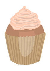 Cupcake dessert with cream. Hand drawn vector illustration in flat style. Single doodle of sweet food. Cartoon clipart isolated on white background.