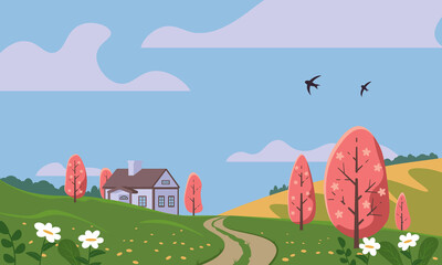 Obraz na płótnie Canvas Spring landscape, countryside. A field, hills, flowering trees and a house. Color vector illustration, flat style.