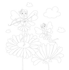 Magic flying fairies flower coloring book cartoons flat design stock vector illustration for web, for print