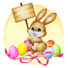 illustration of bunny with placard and easter eggs