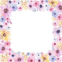 Fototapeta na wymiar Watercolor floral frame in pastel shades. Composition for your design, romantic watercolor frame for invitation or background.