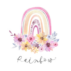Watercolor stylish rainbow. A children's illustration with a rainbow and flowers in gentle pastel colors isolated on a white background.