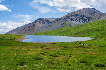 Fototapeta premium Colorful summer landscape with beautiful lake in sunlit green mountain valley among rocks and high mountain ridge under blue sky. Awesome scenery with alpine lake among greenery in sunlight.