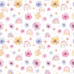 Repeating pattern with watercolor flowers and rainbows. Spring wallpaper for children, textiles, wrapping paper or your other design