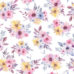 Fototapeta na wymiar Watercolor seamless pattern with pastel flowers and leaves. Spring wallpaper for children, textiles, wrapping paper or your other design