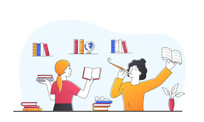 World book day. Education and selfdevelopment. Holiday for lovers of literature. Two girlfriends in library, young girls with books. Woman indoor, joyful people. Cartoon flat vector illustration
