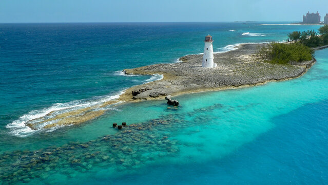 Lighthouse on island at entrance to Nassau harbour Bahamas 