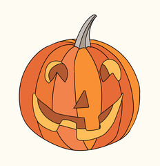 Single isolated Halloween illustration of a jack o lantern pumpkin on ivory background. Friendly happy flat doodle pumpkin smiling icon. Sophisticated balanced orange and yellow color palette.