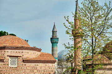 mosques in iznik, nicea bursa. Green mosques minaret background