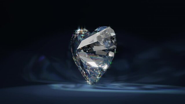 Heart shaped diamond rotating on blue background. 3D seamless loop animation