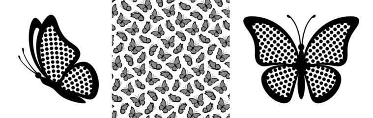 Abstract modern seamless pattern of black butterflies shapes with halftone wings on white background for decoration design. Shape closeup design element black butterfly. Side view vector icon