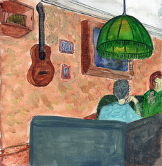 watercolor sketch depicting the interior of the room