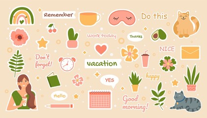 Diary stickers collection. Set of icons with products and plants. Healthy food and conky for grocery website. Social media and banner. Cartoon flat vector illustration isolated on yellow background