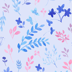 Watercolor seamless pattern with with pink and blue leaves and flowers. Hand painting floral background. Modern leaves design for fabric, wallpaper, surface, cards and templates.  Nature background