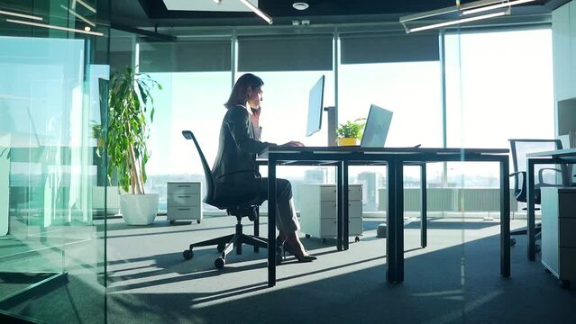 silhouette a business woman sitting and working at a computer desk in a modern glass office. Businesswoman, employee, entrepreneur Female boss successful and independent director. background windows
