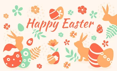Fotobehang Happy Easter poster. Design for banners and cards. Traditional patterns, Easter and spring season. Two rabbits, eggs and foliage. Graphic element for website. Cartoon flat vector illustration © Rudzhan