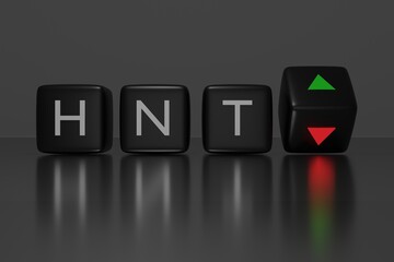 3d illustration of black dices with the word HNT on it, up and down arrows, conceptual image for crypto currency