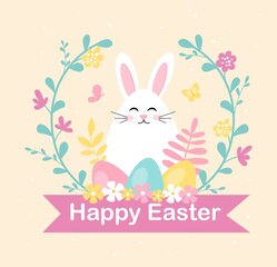 Happy Easter bunny egg. Rabbit sits surrounded by colorful Easter eggs and plants. Greeting poster or banner, design for invitation card or cover for childrens. Cartoon flat vector illustration