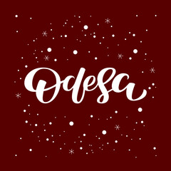 Lettering illustration Odesa on red winter background