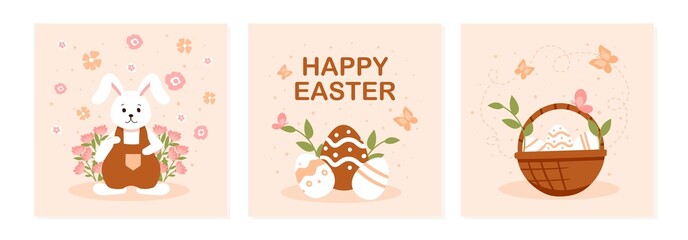Happy Easter cards. Collection of banners and posters. Set of pictures for website design. Stylish covers. Tradition and religion. Cartoon flat vector illustration isolated on white background