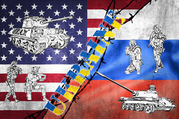 War games between Russia and USA over Ukraine on grunge flags illustration