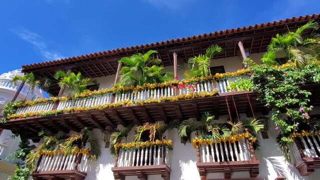 Famous colonial Cartagena Walled City, Cuidad Amurrallada, and its colorful buildings in historic city center, a designated UNESCO World Heritage Site.