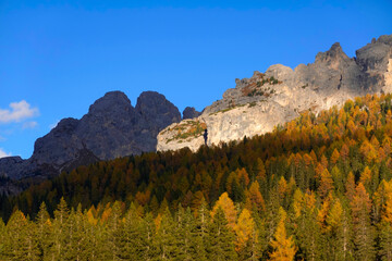 View of famous Tre Cime peaks in Tre Cime di Lavaredo National Park, Dolomiti Alps, South Tyrol, Italy