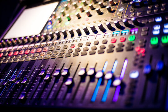 An audio mixer desk from an angle