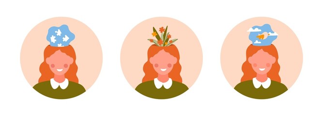 Obraz premium Mental health set. Several types of optimists. Girl in good health, creative personality and inner balance. Psychology collection. Cartoon flat vector illustrations isolated on white background