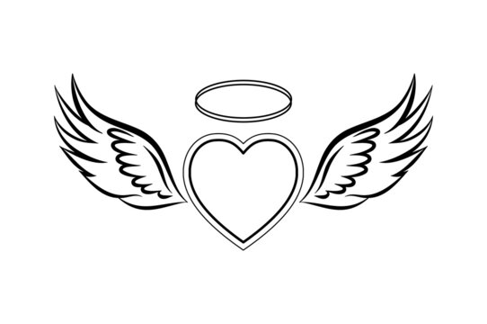 Flying Heart with wings and halo. Valentine's Day angel wings. Vector illustration on a white background. Design for print and web
