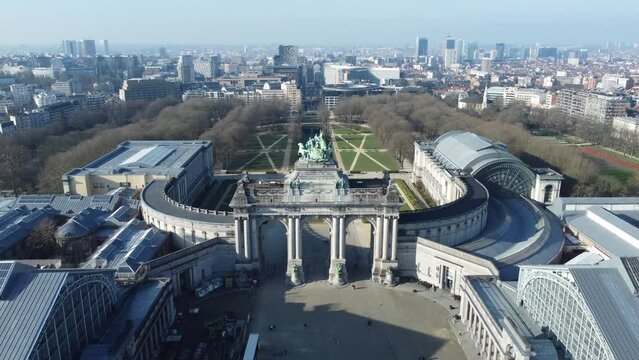 Drone view over Triumphal arch (Arc de Triomphe) at the Cinquantenaire park (Jubelpark) in Brussels