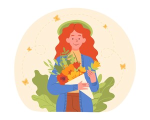 Woman holding bouquet. Young happy girl with roulettes. Character was given gift, March 8, Valentines Day. Romance, care and love. Redhaired cute person in spring. Cartoon flat vector illustration