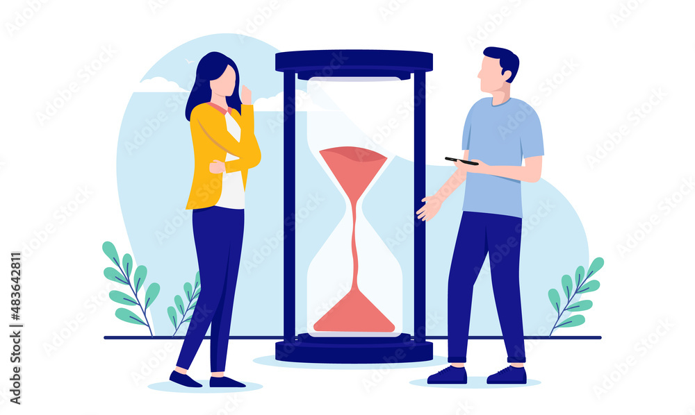 Poster working against deadline - two people, man and woman running out of time in front of hourglass. flat