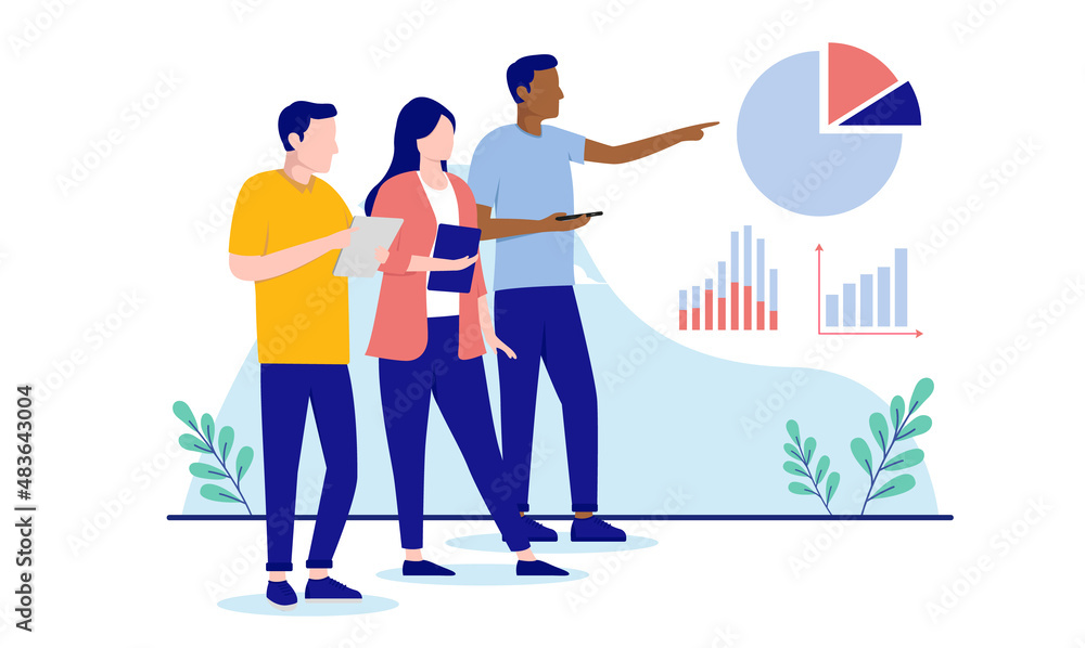 Poster charts and data discussion - working people analysing pie chart and graphs, flat design vector illus