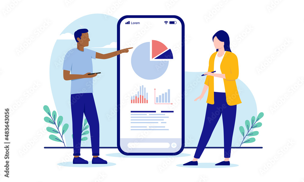 Aufkleber Business analytics - Man and woman working with analysing results, graphs and charts for a company. Flat design vector illustration