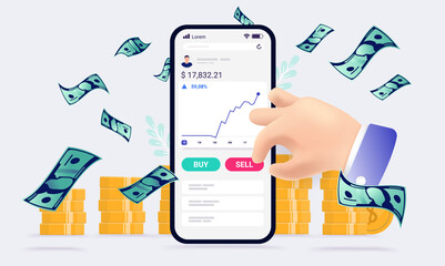 Stock trading app - Vector illustration of person making money trading stocks online