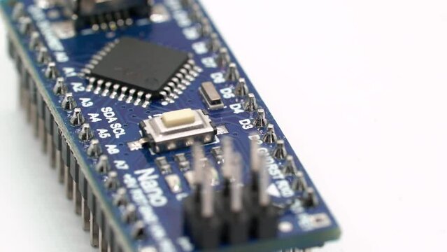 Arduino nano electronic component. Small single board computer, device for study