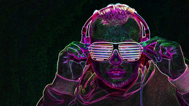Illustration of a portrait of a man in headphones, a neon man in headphones and club glasses. Copy space.