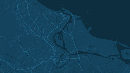 Dark blue Gdańsk city area vector background map, roads and water illustration. Widescreen proportion, digital flat design.