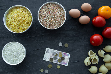Expensive food in Poland, zloty banknote, coins and every day food, top view. Conceptual image.  - obrazy, fototapety, plakaty