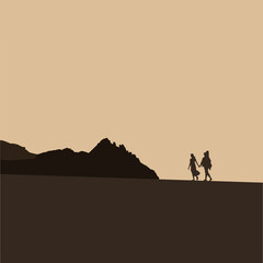 Fototapeta na wymiar Vector picture for Valentine's Day. A couple in love walks by the hand. Silhouette of a couple walking in the mountains