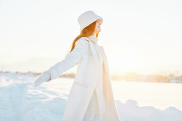 young woman winter clothes walk snow cold vacation Fresh air
