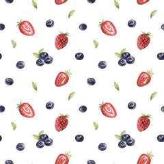 Watercolor seamless pattern of juicu wild berries blueberries, raspberries, lingonberries, strawberries, blueberries, cherries. hand drawn illustration. Art for cookbook, kitchen, textile, menu cafe.
