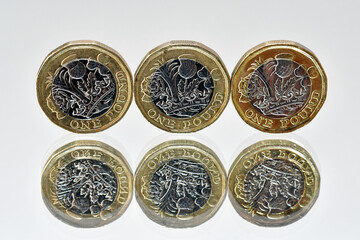 Close up of a row of one pound coins standing on edge on a mirror surface isolated on a plain white background.  No people. copy space.