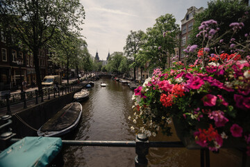 Obraz premium Amterdam cityscape with canal, bridge and typical Dutch Houses. Amsterdam, Netherlands.