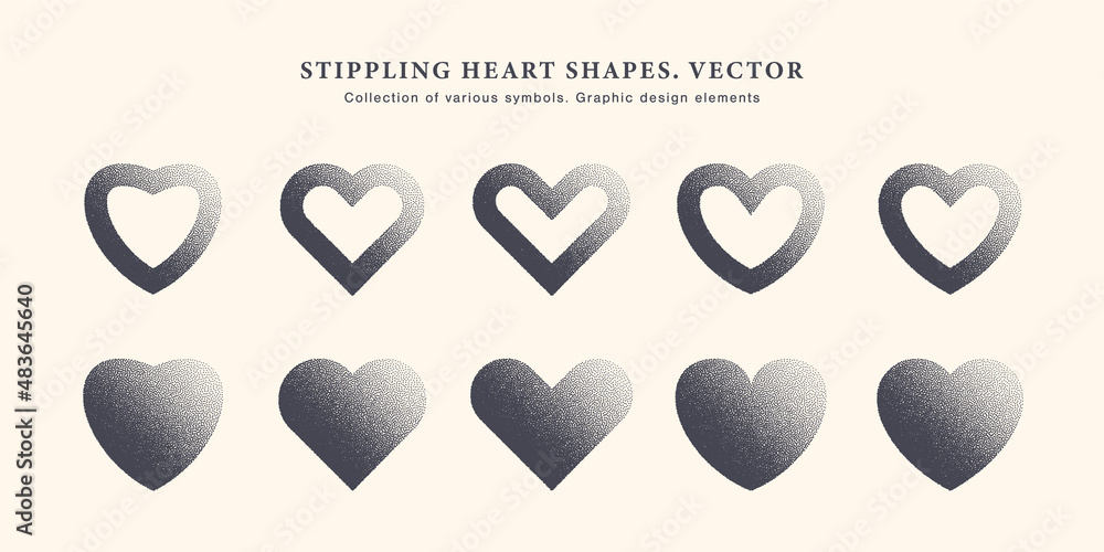 Poster stippling heart shape vector set. collection of various dotted hearts icons isolated on light backgr
