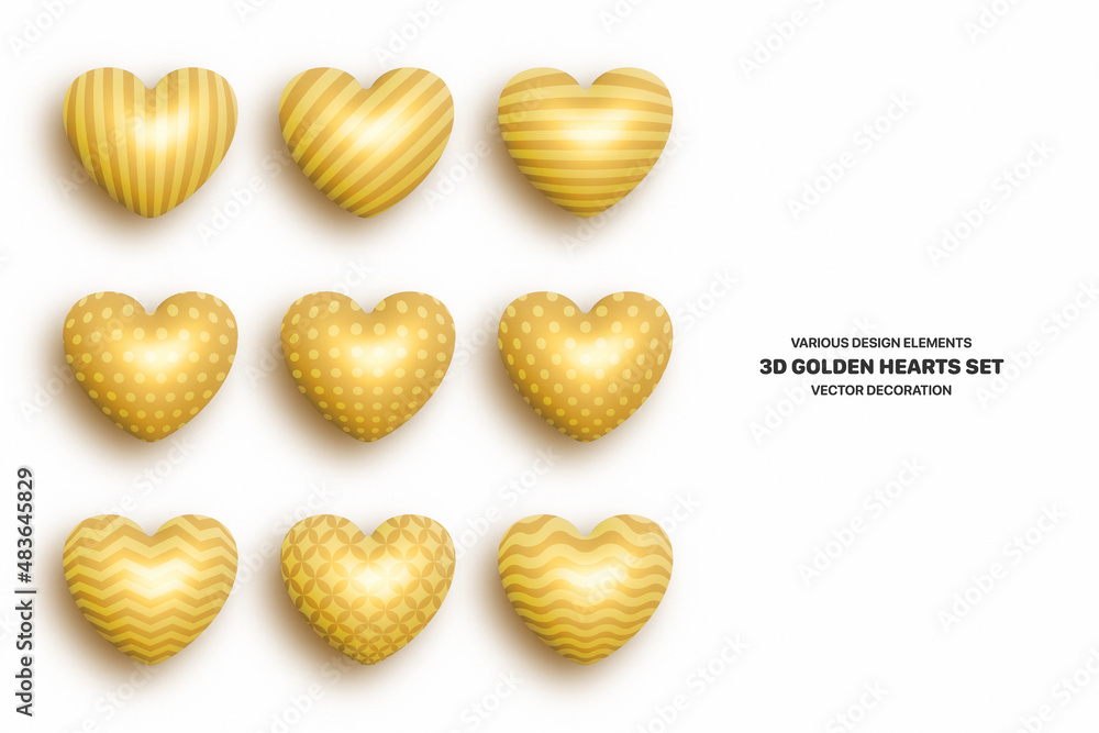 Poster realistic vector 3d golden heart various patterned three dimensional shiny rounded shapes set with s